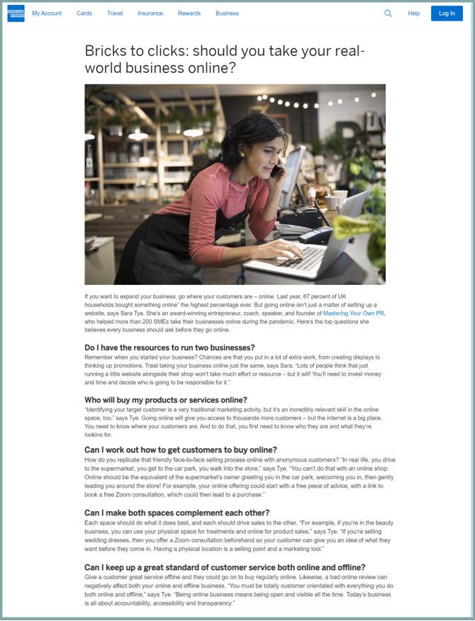 Financial copywriting by Alex Genn Copywriting - American Express article 1